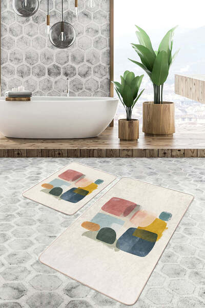 Realhomes Geometric Colorful Modern Abstract Patterned Multicolor Set of 2 Non-Slip Base Washable Bath Mat