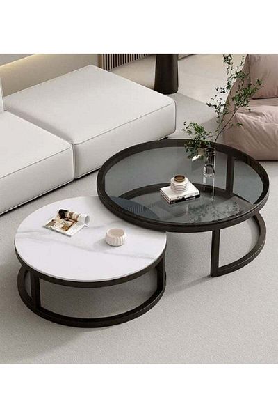 Luxury Home Coffee Tables with Simple Design, Transparent Rocky Desktop, Set of 2 Nested Tables for