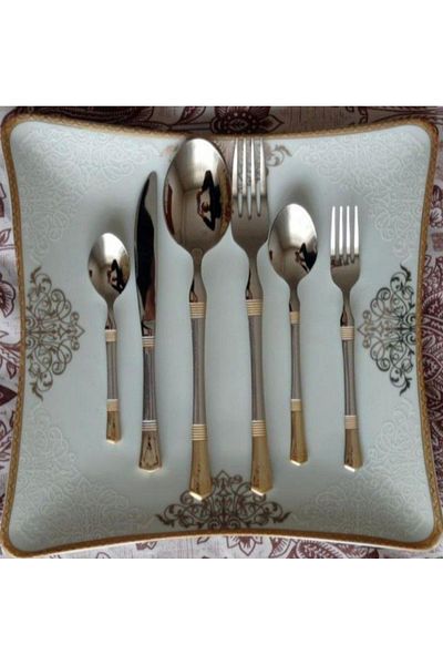 AYD 36 Pieces 6 Person Fork Spoon Knife Set Luxury Gold Patterned Stainless Steel 18/10