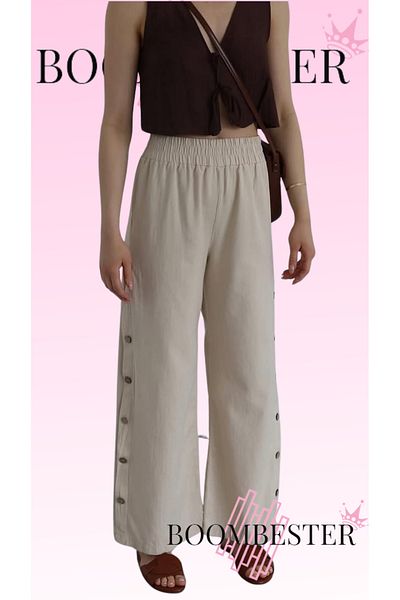 BoomBester 100% Linen Stone Color Elastic Waist Gabardine Button Detailed Trousers