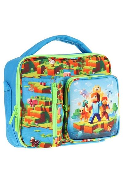 KAUKKO Men's Blue Green Craft Patterned Thermo Three Compartments (Water Bottle Pocket) School Lunchbox L7280
