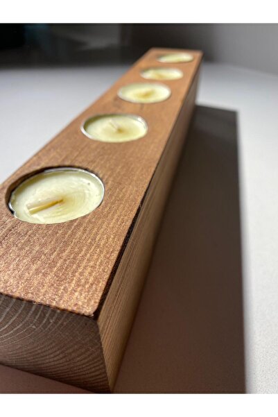 AHŞAP ÖTESİ Doğal Ahşap 5'li Yatay Tealight Mumluk - El Yapımı Dekoratif Ürün