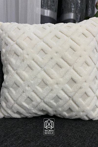 WorthWhile Grida Ecru Plush Square Patterned Throw Pillow Cover 43X43 cm |   Soft Embossed Throw Pillow Cover