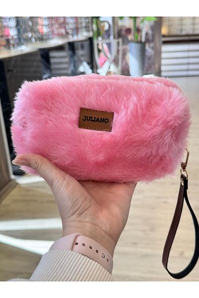 JULIANO Pink Teddy Plush Makeup and Glasses Bag