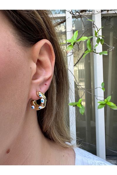 MODA Blue Beaded Gold Steel Hoop Earrings - Tarnish-Free Stylish Model