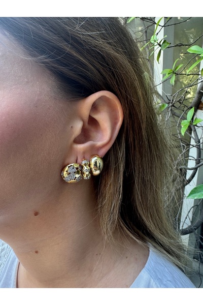 MODA Günlük ve Özel Gün İçin Gold Çelik 3’lü Küpe - Taşlı Model