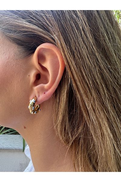 MODA Blue Beaded Gold Steel Hoop Earrings - Tarnish-Free Stylish Model