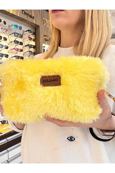 JULIANO Yellow Teddy Plush Makeup and Glasses Bag