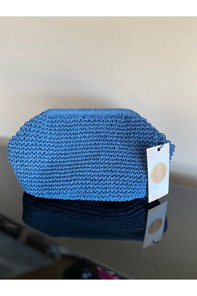 PeriStore Blue Straw Portfolio Bag Hand Knitted 28X20Cm Lined