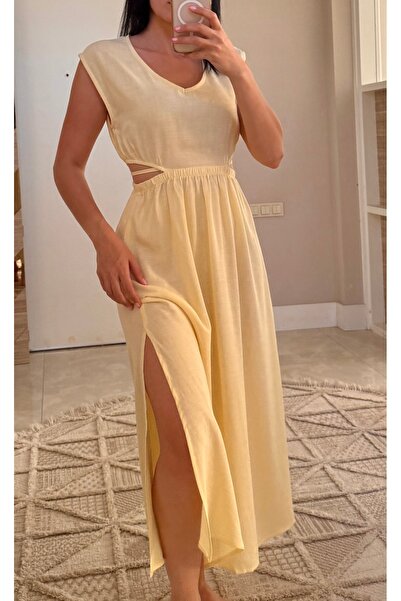 PG GİYİM Rochie din in galben cu decolteu în talie-30003