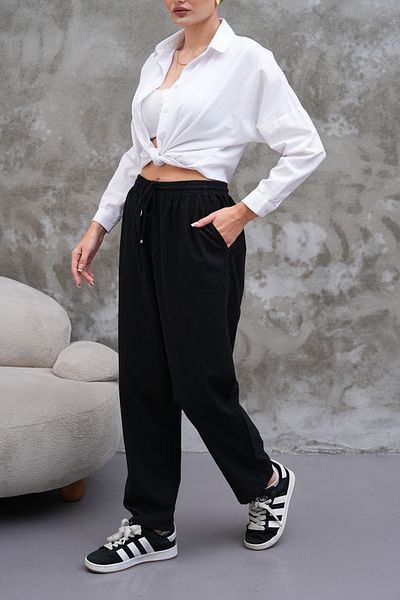 BigBrossBoutique Black Linen Blend Casual Comfortable Fit Women's Trousers