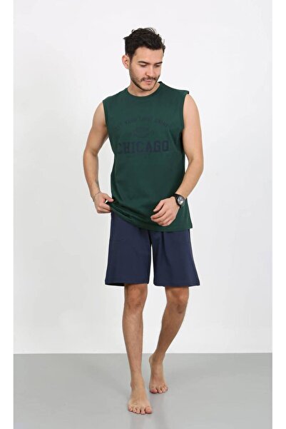 dealp Чоловічий хакі 100% бавовна з принтом, безрукавні шорти з кишенями, літній піжамний комплект