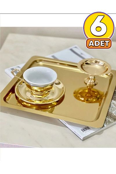 Abant 6 Pieces Stainless Gold Square Steel - Coffee Serving Presentation Tray (21X21CM)