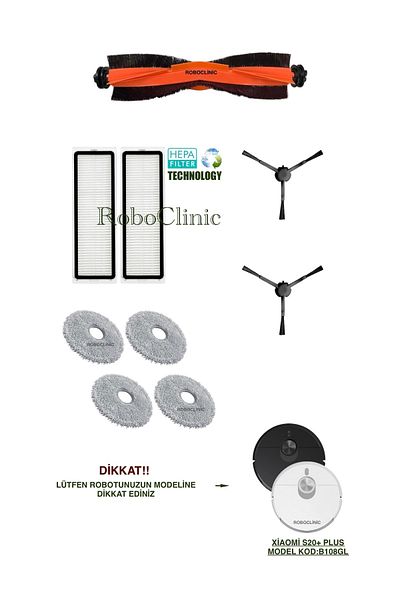 Roboclinic Xiaomi Robot Vacuum S20+/S20 Plus (Model Code: B108Gl) Compatible Brush, Hepa Filter, Mop Set-9 Pieces