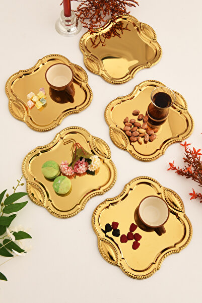 AKSESUAR EVRENİ Vezan Paslanmaz Kare Burgu Desen Sunum Tepsisi Gold 6 Lı Takım