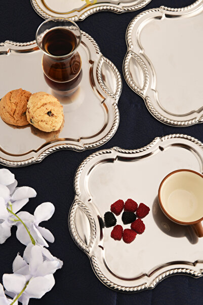 AKSESUAR EVRENİ Vezan Paslanmaz Kare Burgu Desen Sunum Tepsisi Gümüş 6 Lı Takım