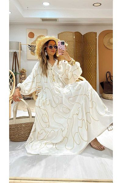 QUAWEAR V-Neck Embroidered Linen Viscose Fabric Full Length Dress