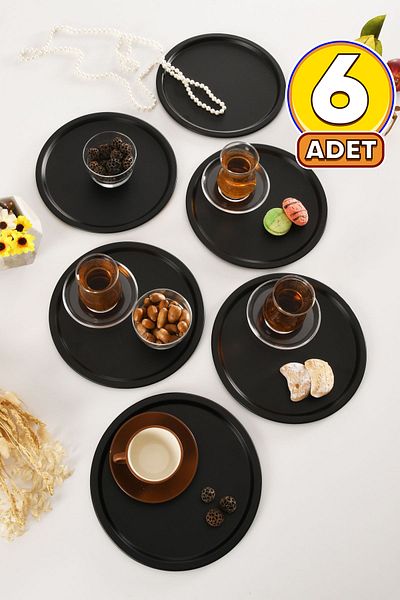AKSESUAR EVRENİ Dario Round Decorative Presentation Tray Black Set of 6