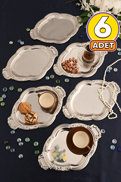 AKSESUAR EVRENİ Elvir Paslanmaz Osmanlı Desen Sunum Tepsisi Gümüş 6 Lı Takım