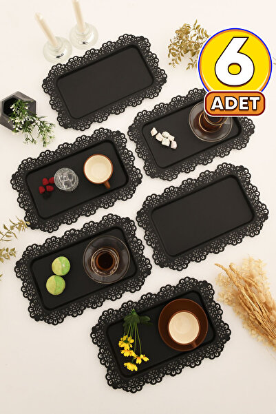 AKSESUAR EVRENİ Waro 6 Lı Takım Dantel Desenli Siyah Sunum Tepsisi