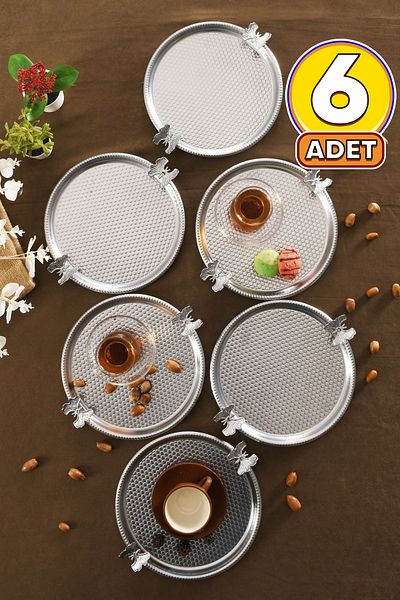 AKSESUAR EVRENİ Iren Round Honeycomb Model Butterfly Detailed Presentation Tray Silver Set of 6