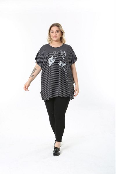 tıgersıze Plus Size Oversize Model Soft Viscosa Fabric Striped Flower Patterned Bluz