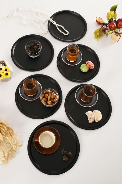 AKSESUAR EVRENİ Dario Round Decorative Presentation Tray Black Set of 6