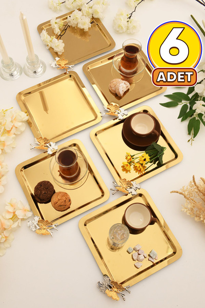 AKSESUAR EVRENİ Nesto Paslanmaz Kare Kelebek Detaylı Sunum Tepsisi Gold 6 Adet