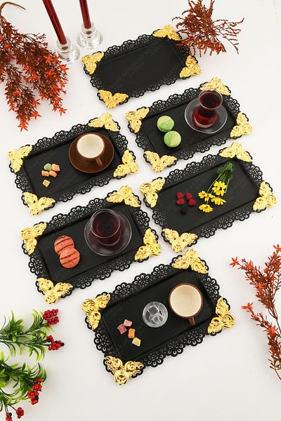 AKSESUAR EVRENİ Oro Black Lace Edged Carved Detailed Rectangular 6-Piece Decorative Presentation Tray