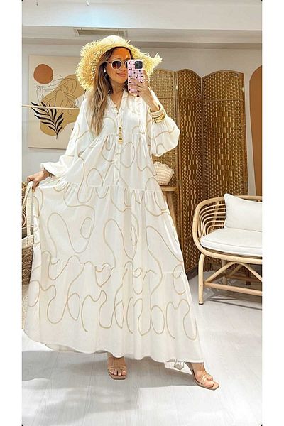 QUAWEAR V-Neck Embroidered Linen Viscose Fabric Full Length Dress