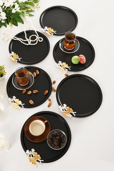 AKSESUAR EVRENİ Alven Butterfly Detailed Round Decorative Presentation Tray Black Set of 6