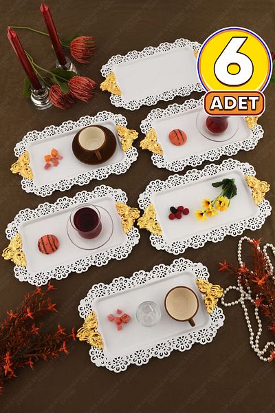 AKSESUAR EVRENİ Seta White Lace Edged Carved Detailed Gold Accessory Handled Rectangular 6-Piece Presentation Tray