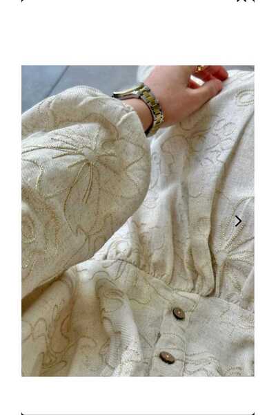 QUAWEAR V Yaka Nakışlı Keten Kumaş Tam Boy Elbise