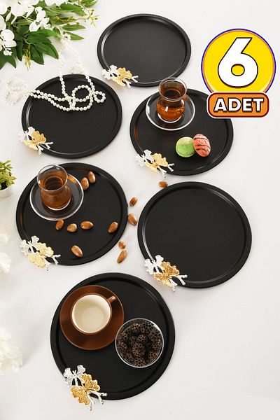AKSESUAR EVRENİ Alven Butterfly Detailed Round Decorative Presentation Tray Black Set of 6