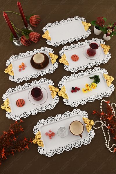 AKSESUAR EVRENİ Seta White Lace Edged Carved Detailed Gold Accessory Handled Rectangular 6-Piece Presentation Tray