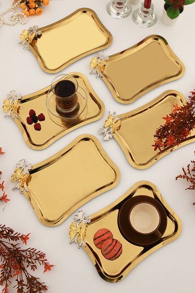 AKSESUAR EVRENİ Naldo Italian Model Butterfly Detailed 6-Piece Presentation Tray Gold