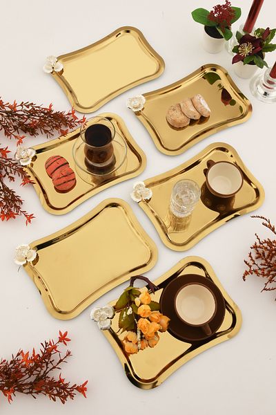 AKSESUAR EVRENİ Naldo Italian Model Silver Stone Detailed 6-Piece Presentation Tray Gold