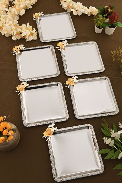 AKSESUAR EVRENİ Sento Stainless Square Patterned Branched Stone Detailed Presentation Tray Set of 6