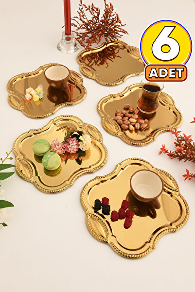AKSESUAR EVRENİ Vezan Paslanmaz Kare Burgu Desen Sunum Tepsisi Gold 6 Lı Takım