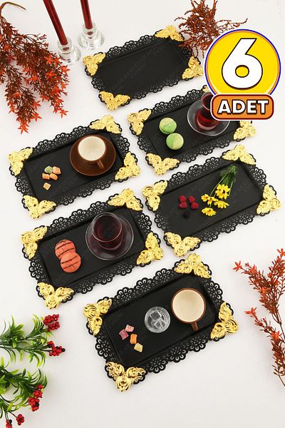 AKSESUAR EVRENİ Oro Black Lace Edged Carved Detailed Rectangular 6-Piece Decorative Presentation Tray