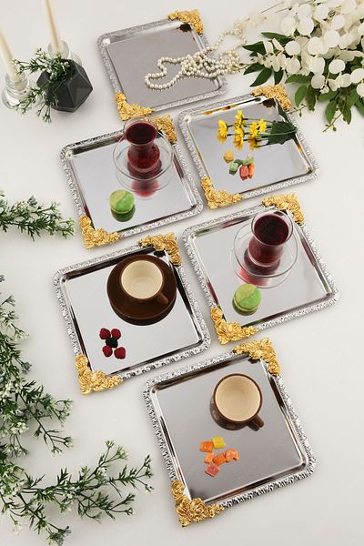 AKSESUAR EVRENİ Sole Silver Gold Flower Patterned Stainless 6-Piece Decorative Square Presentation Tray