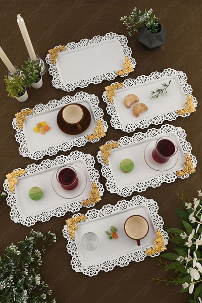 AKSESUAR EVRENİ Luce White Lace Edged Carved Detailed Rectangular 6-Piece Decorative Presentation Tray