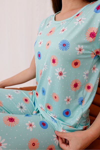 Arvin Pijama Set de pijamale tricotate cu mânecă scurtă Milan cu textura moale cu imprimeu Daisy pentru femei