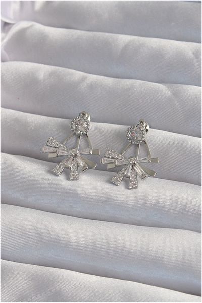 Clariss Brass Silver Color Zircon Stone Flat Bow Model Earrings - Tj-Bkp9300