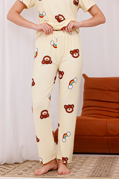 Arvin Pijama Dámská sada pleteného pyžama s krátkým rukávem s potiskem medvěda a duhy