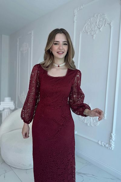 HELİS BUTİK Rochie maxi din dantela burgundy