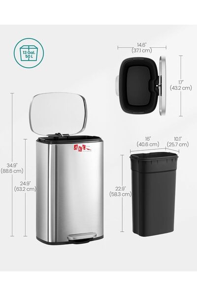 AKC Pedal Trash Can – 13 Gallon / 50l Stainless Steel Bin | Soft Close Lid, Step-on Foot Pedal Bin