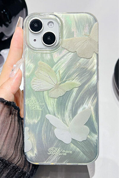 Fibaks iPhone 13/14/15 Compatible Case Shiny Hologram Green Butterfly Pattern Shock Absorbing Camera Protected