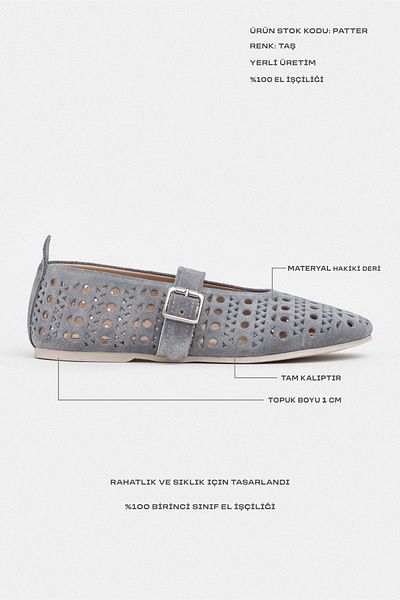 NİŞANTAŞI SHOES Patter Stone Suede Balerini de damă cu talpă plată din piele naturală cu cataramă