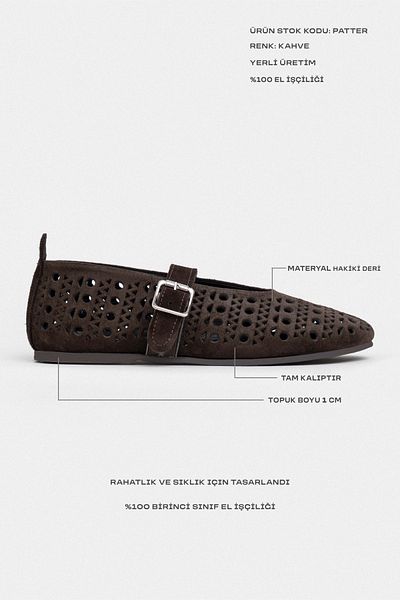 NİŞANTAŞI SHOES Patter Brown Suede Studded Genuine Leather Buckle Detail Flat Sole Women's Ballerinas